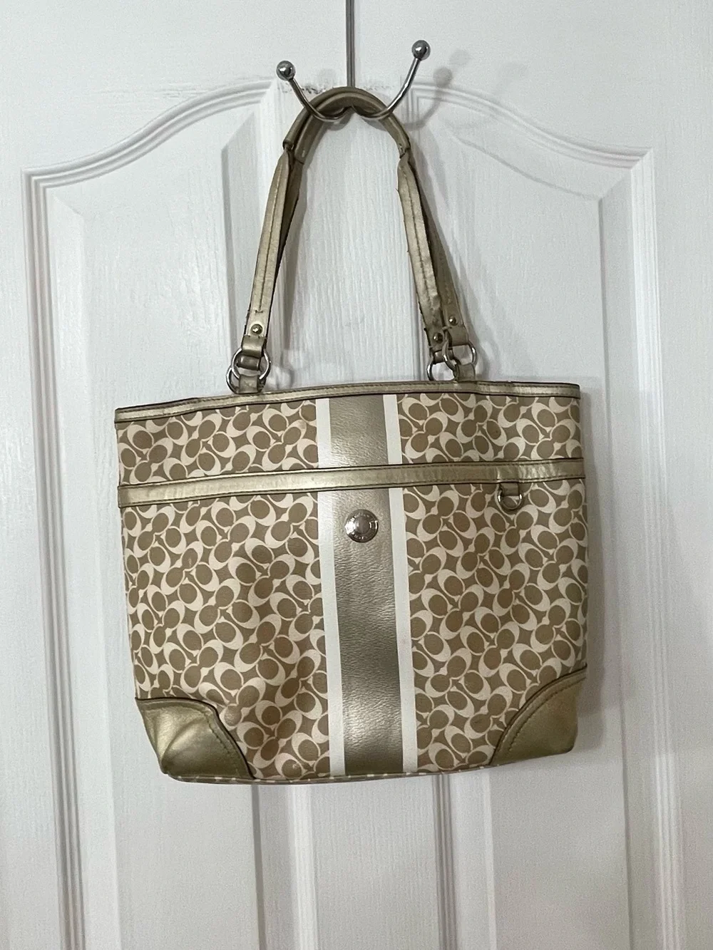 Coach Beige Signature Stripe Tote with Gold Trim